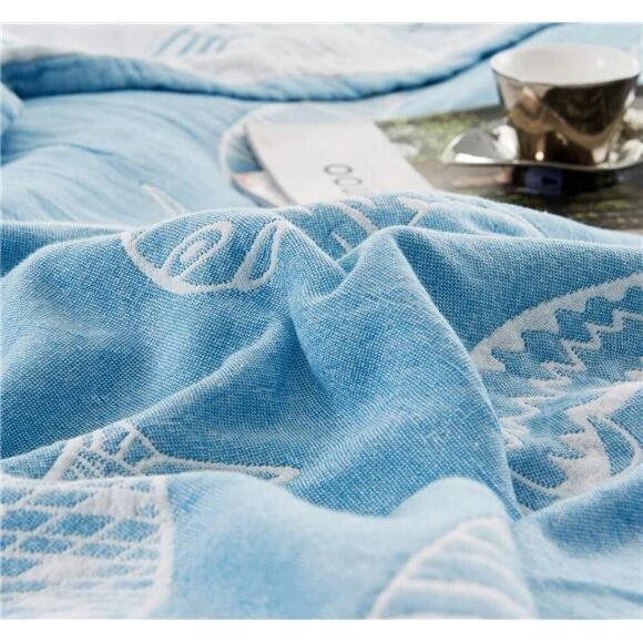 Fish Blue Morden Muslin Lightweight Summer Blanket for Bed Sofa Couch - Picture 5 of 6